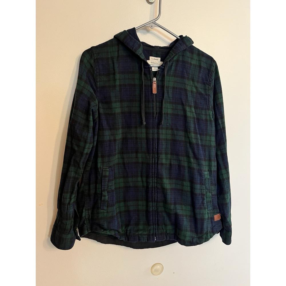 LL Bean Hoodie Womens S Flannel Scotch Plaid Hooded Shirt Relaxed Fit Full Zip